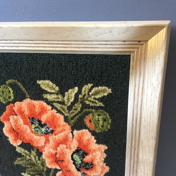 Poppy hooked rug framed art - vintage 1950s handmade tapestry - NextStage Vintage