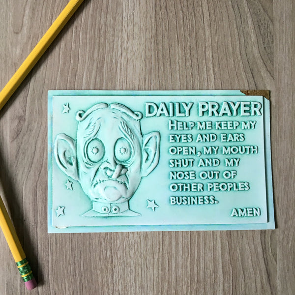 Daily prayer kitsch postcard - Postplax by Eden Plastics Corp - 1958 molded plastic postcard - NextStage Vintage