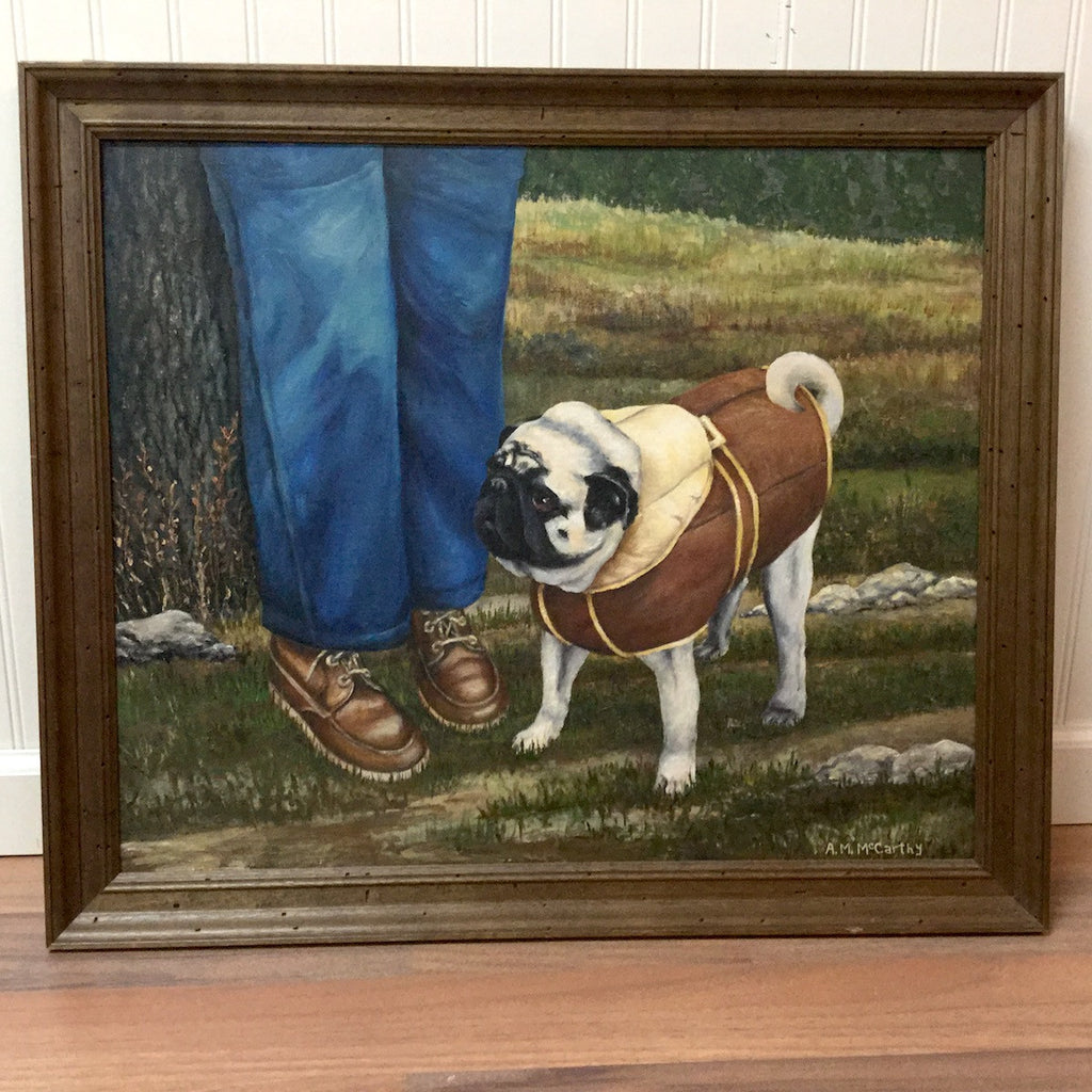 Pug in brown jacket painting - vintage portrait of a dog and his person - 1970s - NextStage Vintage