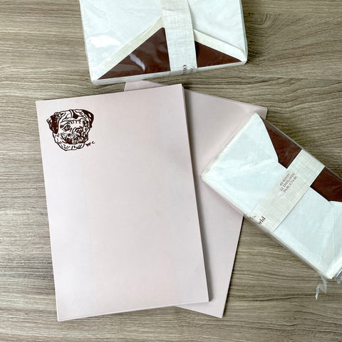 Silkscreen printed pug stationery set - 1970s vintage letter paper and envelopes - NextStage Vintage
