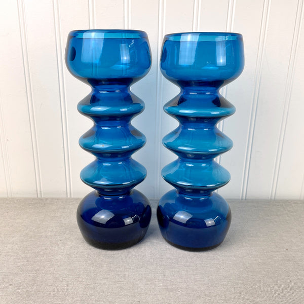 Rainbow Art Glass cerulean blue vase pair - 10.5" tall - with labels - 1960s vintage - NextStage Vintage