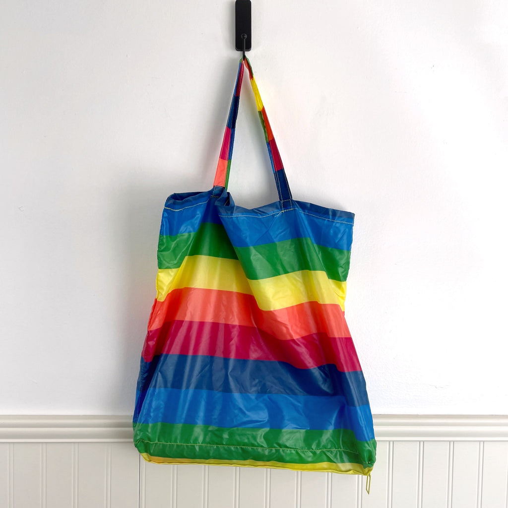 Rainbow striped nylon tote bag with an umbrella - 1970s vintage accessory - NextStage Vintage