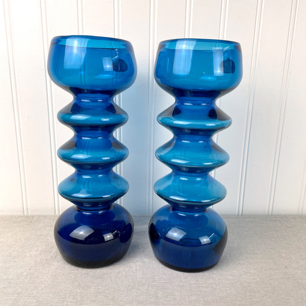Rainbow Art Glass cerulean blue vase pair - 10.5" tall - with labels - 1960s vintage - NextStage Vintage