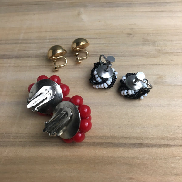 Red, black and white and gold earring trio - 1960s clip and screw back trio - NextStage Vintage