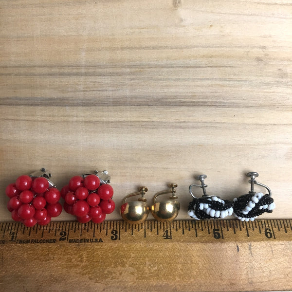 Red, black and white and gold earring trio - 1960s clip and screw back trio - NextStage Vintage