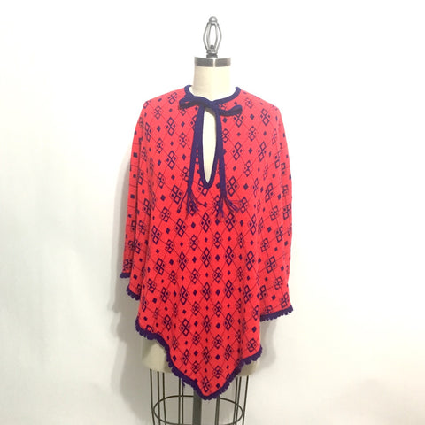 Argyle poncho - 1960s pullover - scarlet red and cobalt blue - size medium - NextStage Vintage