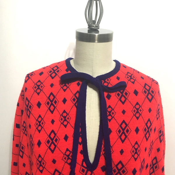 Argyle poncho - 1960s pullover - scarlet red and cobalt blue - size medium - NextStage Vintage