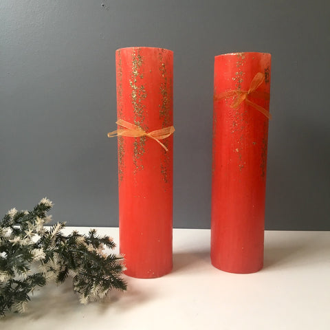Red and glitter Christmas pillar candles - a pair - 1960s vintage - NextStage Vintage