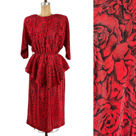 Black and red rose dress with peplum by J.B. Too - 1980s vintage - size medium - NextStage Vintage