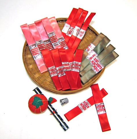 1950s Wrights ribbon lengths with original labels - red, pink, green - 22 packages Active - NextStage Vintage