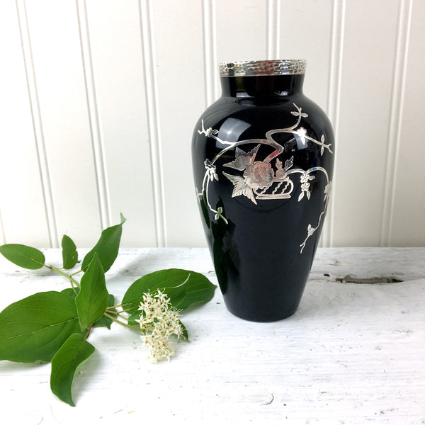 Rockwell Silver overlay on black glass vase - 1920s art deco style - NextStage Vintage
