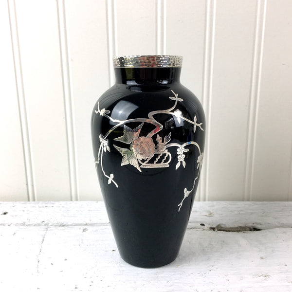 Rockwell Silver overlay on black glass vase - 1920s art deco style - NextStage Vintage