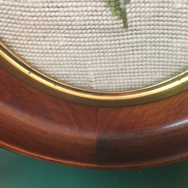 Rose needlepoint in Victorian oval frame - framed needlework - 1940s - NextStage Vintage