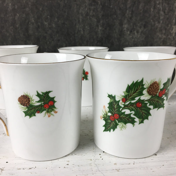 Rosina Yuletide bone china mugs - set of 5 - vintage Christmas china - NextStage Vintage