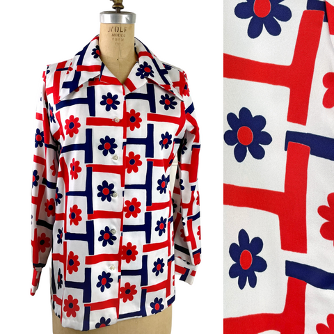 1970s red, white and blue flower power blouse by Shapely - size medium - NextStage Vintage