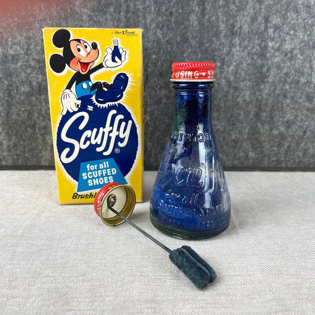 Mickey Mouse Scuffy blue shoe polish bottle, dauber and box - 1950s vintage - NextStage Vintage