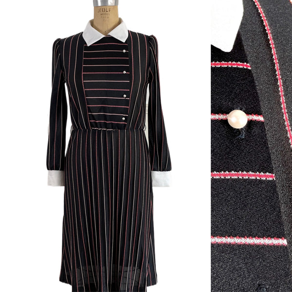 Black striped dress by Sears The Fashion Place - 1970s vintage - size small - medium - NextStage Vintage