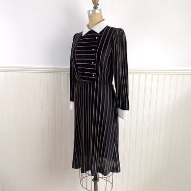 Black striped dress by Sears The Fashion Place - 1970s vintage - size small - medium - NextStage Vintage