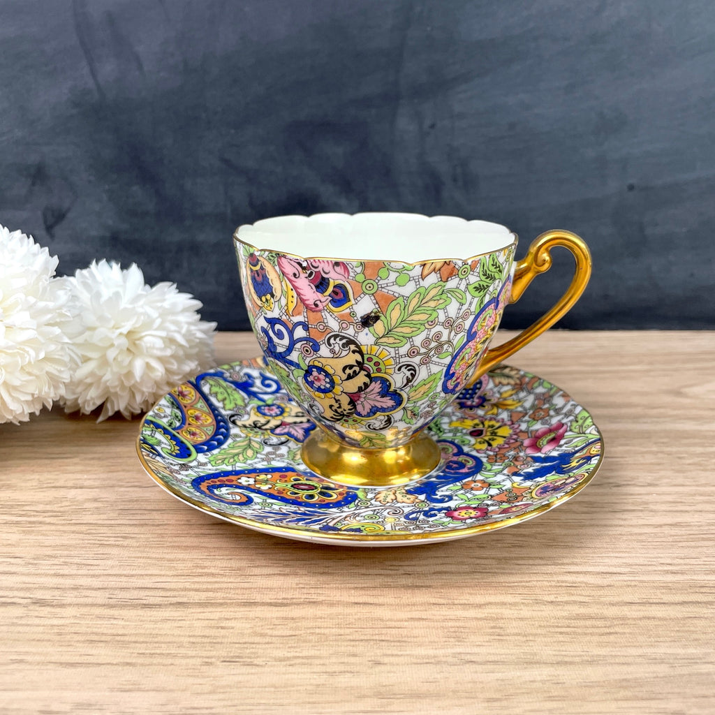 Shelley Paisley gold footed teacup and saucer - 1960s vintage - NextStage Vintage