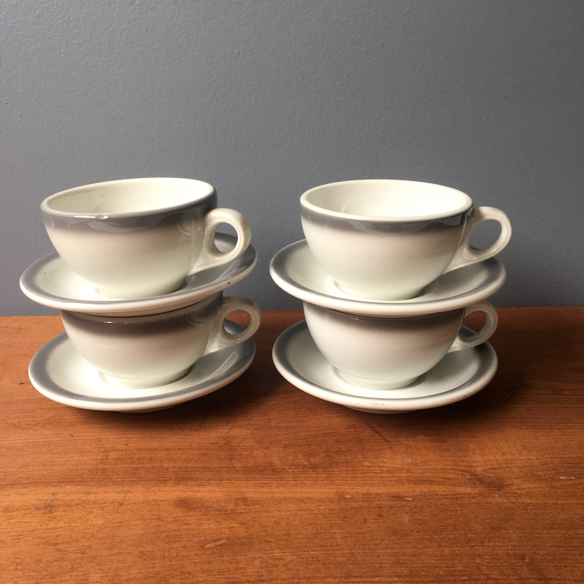 Shenango restaurant ware cups and saucers - set of 4 - gray rim