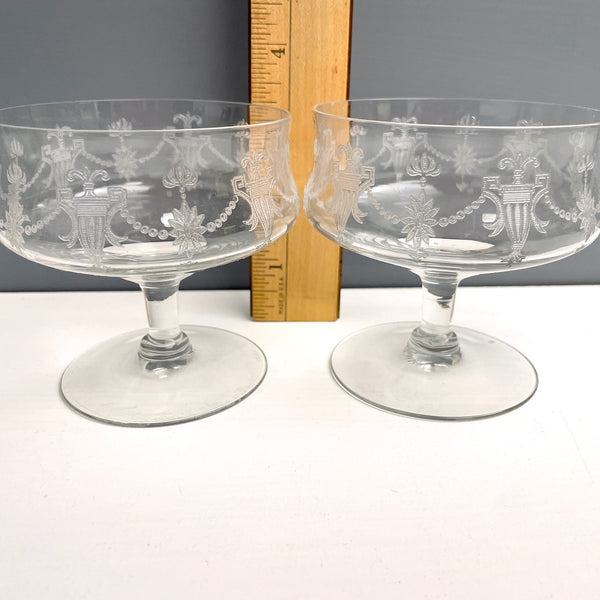 Low sherbet glasses etched with urns and flowers - 5 pieces of vintage tableware - NextStage Vintage