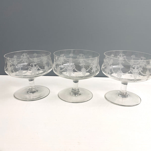 Low sherbet glasses etched with urns and flowers - 5 pieces of vintage tableware - NextStage Vintage