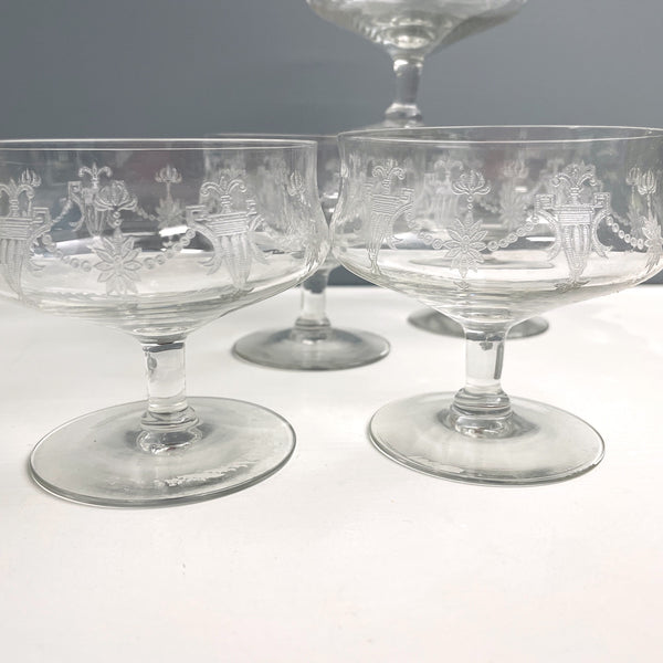 Low sherbet glasses etched with urns and flowers - 5 pieces of vintage tableware - NextStage Vintage