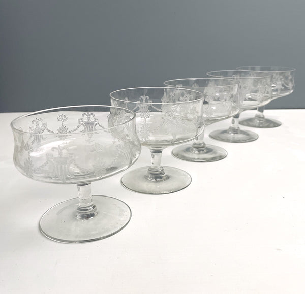 Low sherbet glasses etched with urns and flowers - 5 pieces of vintage tableware - NextStage Vintage