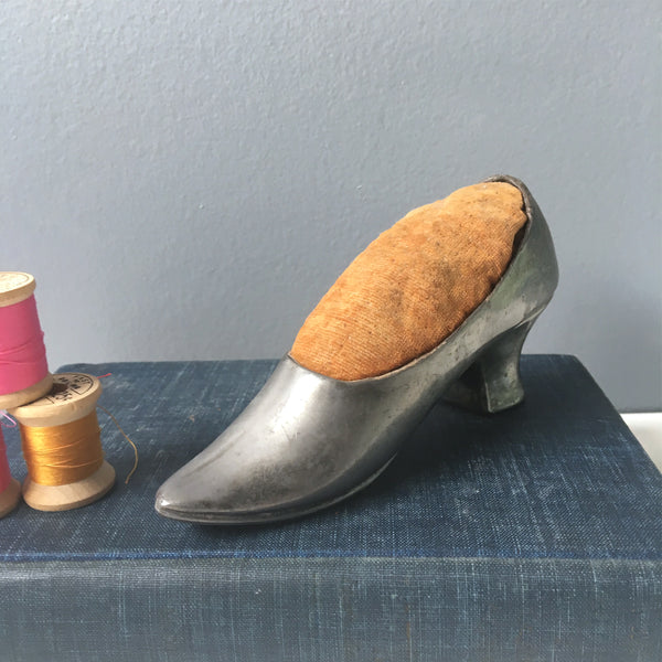 Metal ladies shoe pin cushion - antique sewing aid - NextStage Vintage