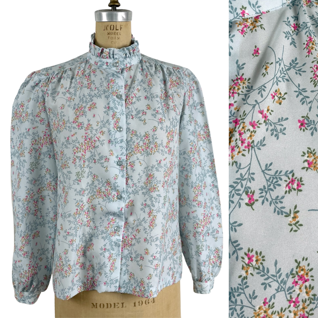 1970s aqua floral blouse - Sidesteps by Fire Islander - size medium - NextStage Vintage