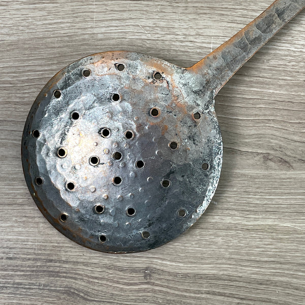 Tinned copper metal skimmer - rustic kitchen tool - NextStage Vintage