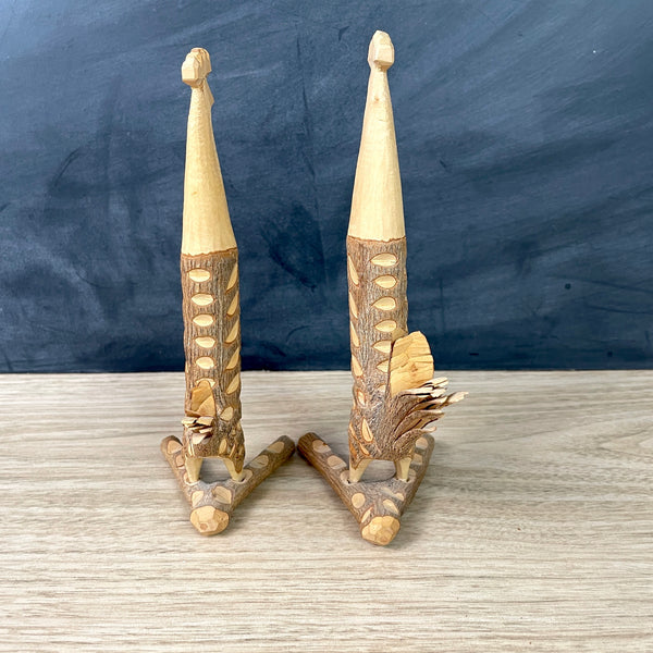 Rustic carved stick chickens - a pair - wooden roosters - NextStage Vintage