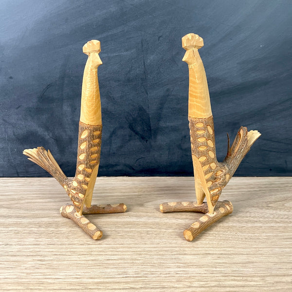 Rustic carved stick chickens - a pair - wooden roosters - NextStage Vintage