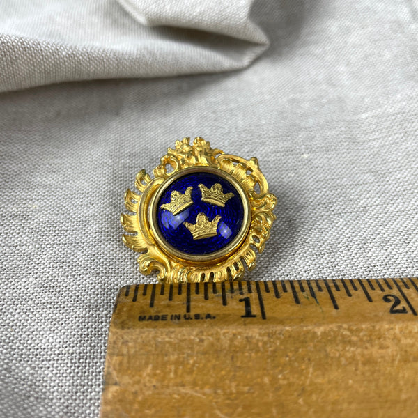Swedish blue enamel 3 crown brooch by Sporrong - vintage fine costume jewelry - NextStage Vintage
