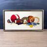 Sports gear framed crewel embroidery - 1970s vintage - NextStage Vintage