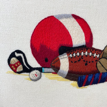 Sports gear framed crewel embroidery - 1970s vintage - NextStage Vintage