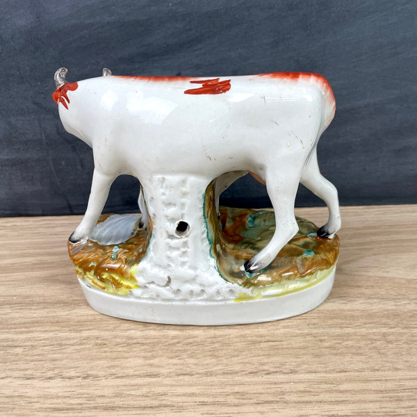 Staffordshire brown cow with black spotted calf figurine - NextStage Vintage
