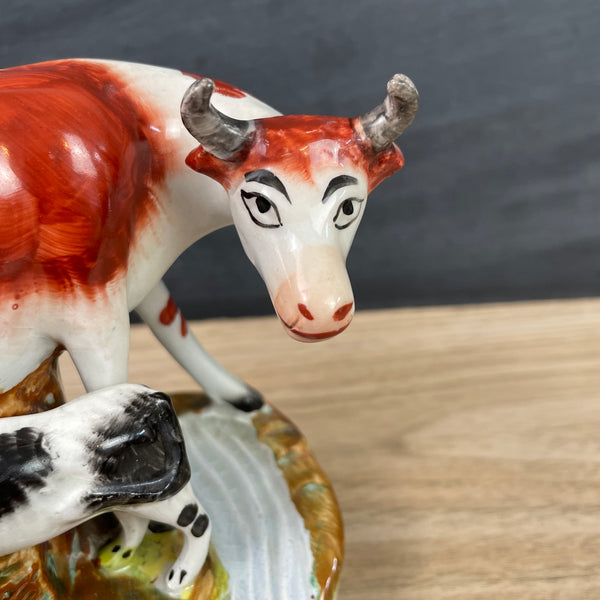 Staffordshire brown cow with black spotted calf figurine - NextStage Vintage