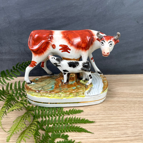 Staffordshire brown cow with black spotted calf figurine - NextStage Vintage