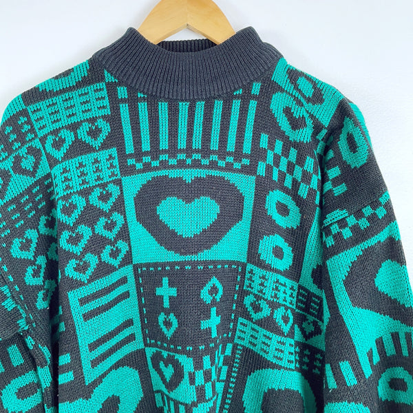 1980s acrylic black and jade patterned sweater by Stefano International -  size L - NextStage Vintage