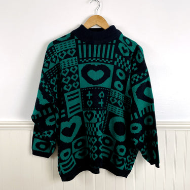 1980s acrylic black and jade patterned sweater by Stefano International -  size L - NextStage Vintage