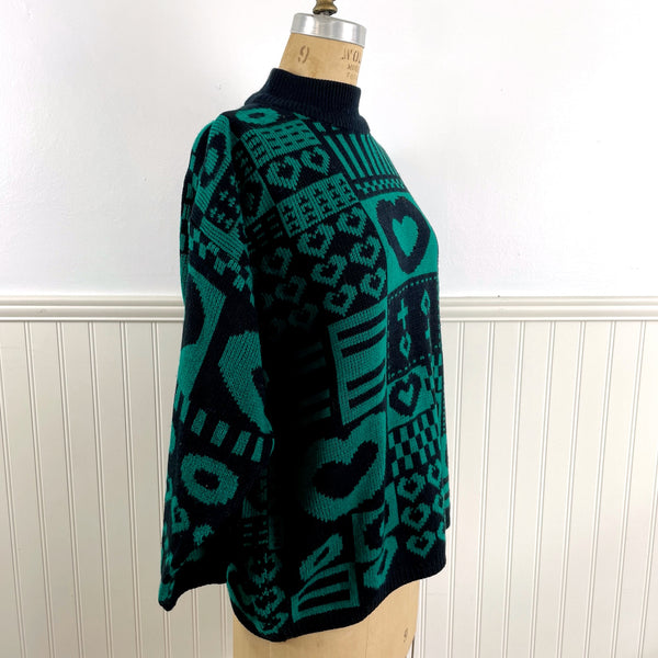 1980s acrylic black and jade patterned sweater by Stefano International -  size L - NextStage Vintage
