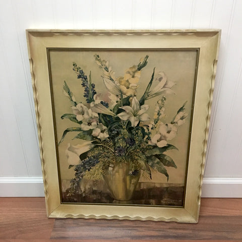 Floral still life print - decorative antiqued frame and art by Ann Cochran - cottage charm 1950s - NextStage Vintage