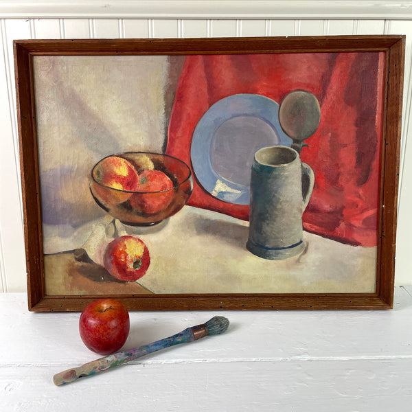 Still life with stein and apples - vintage 1950s painting on canvas - NextStage Vintage
