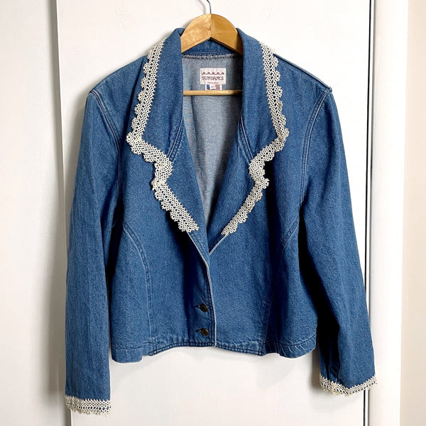 Vintage cropped denim jacket with lace trim - size large - NextStage Vintage