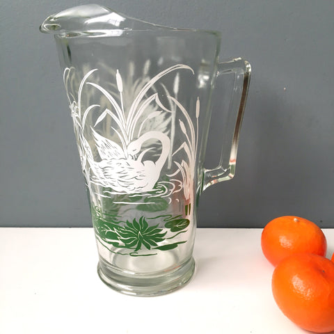 Swan and lily pads pitcher - vintage 1960s Jeanette glassware - NextStage Vintage