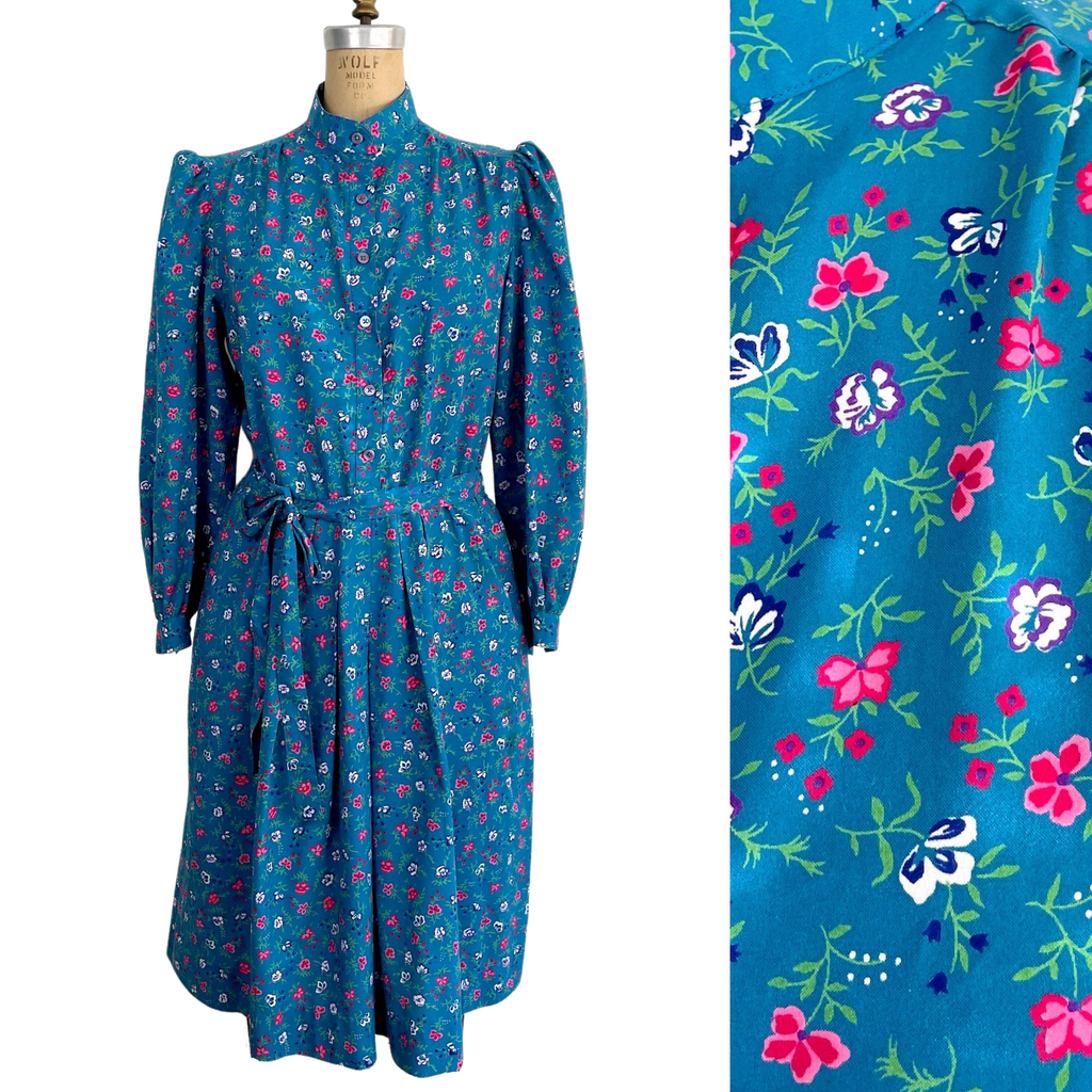 1970s cerulean blue floral dress with elastic waist - The Talbots - size medium - NextStage Vintage