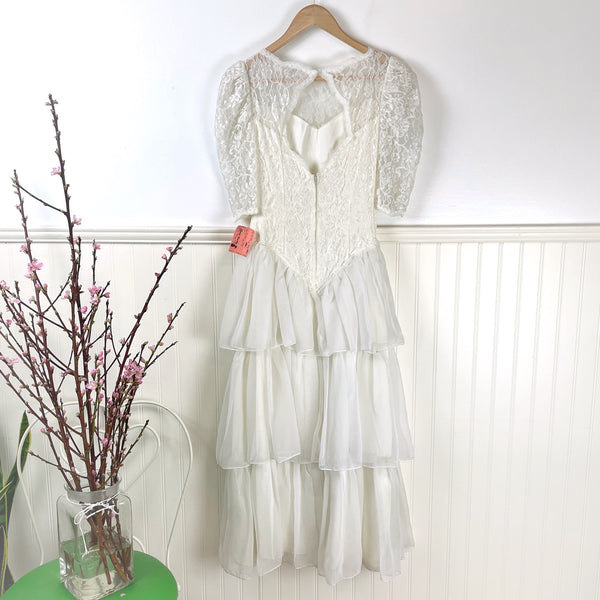 Lace and chiffon tiered wedding dress - size XS - 1980s vintage tea length dress NWT - NextStage Vintage