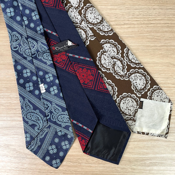 Three 1970s vintage wide neckties - silk and poly - with designer - NextStage Vintage