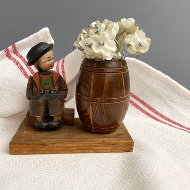 Carved Bavarian boy with a toothpick holder barrel - vintage European carving - NextStage Vintage